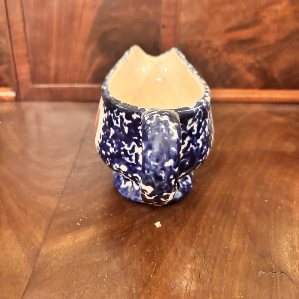 Blue Spongeware Heart Gravy Boat & Underplate Set Pottery Country Farmhouse